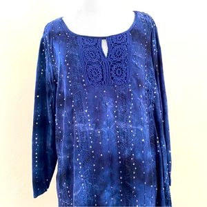 Navy Blue Boho Blouse XL Top cb Established 1962 Crochet/Sequin